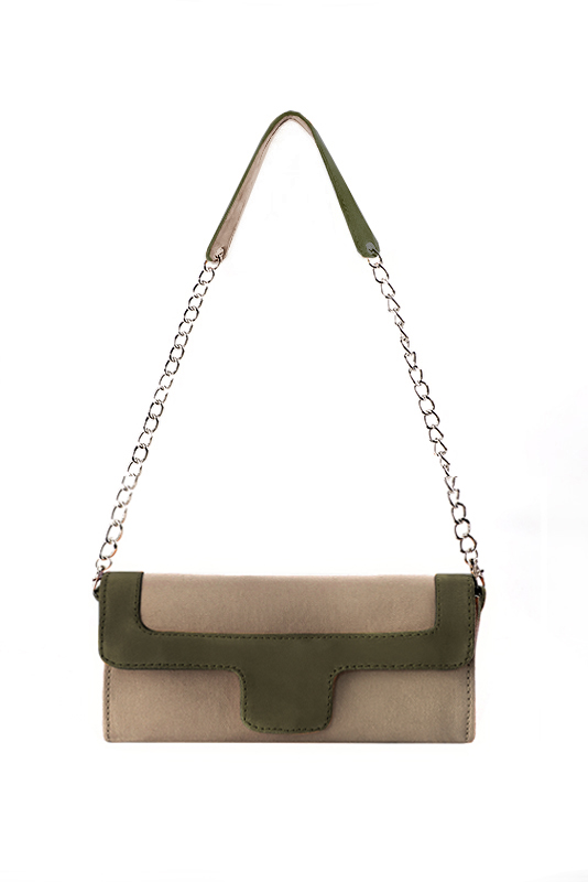 Women's tan beige and khaki green luxurious elegant clutch for ceremonies, weddings and evenings out. - Top view